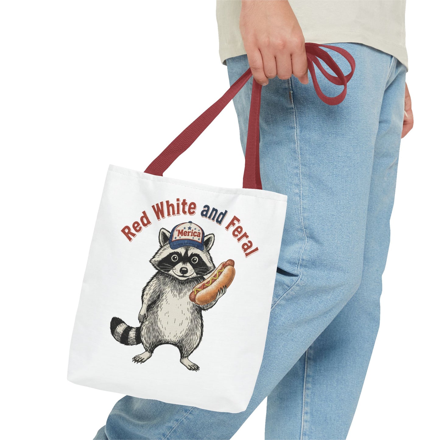 Red White and Feral Raccoon Tote Bag – 'Merica Hot Dog Patriotic Canvas Tote