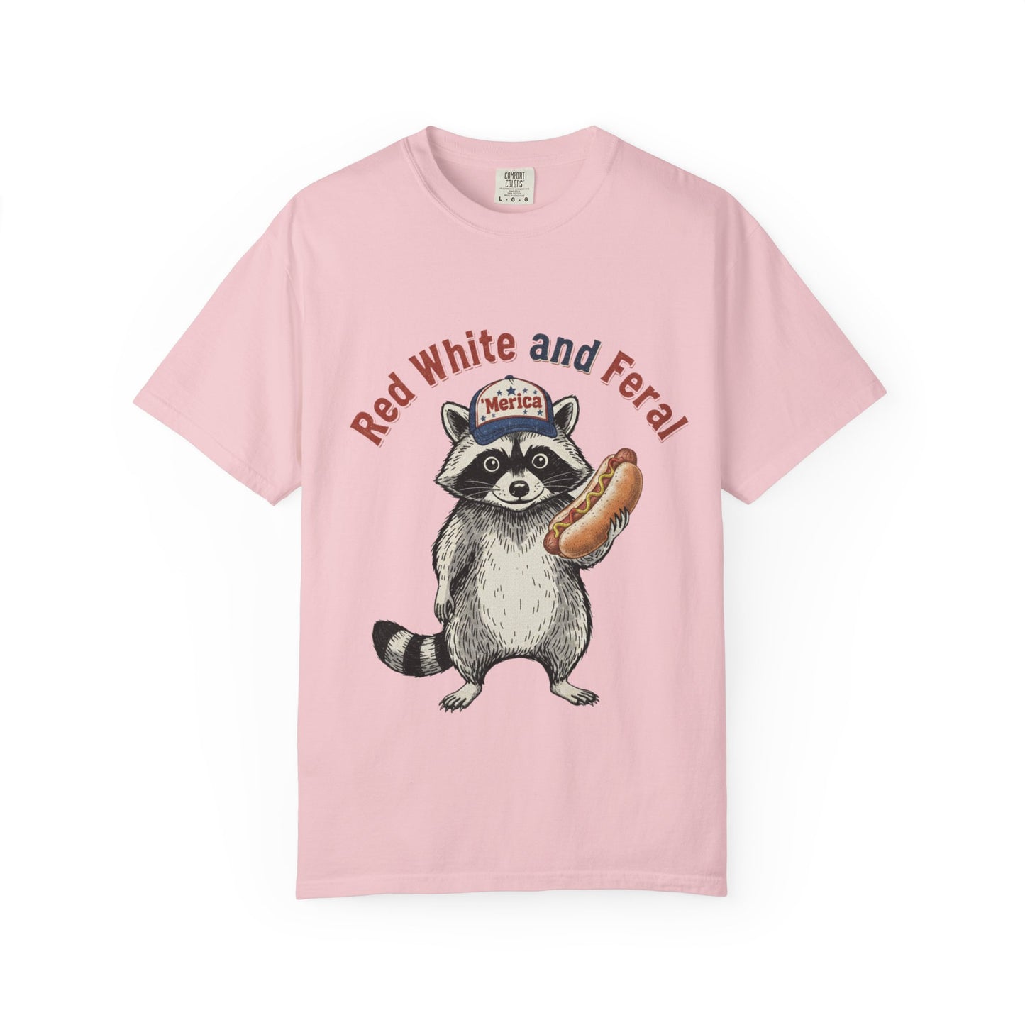 Patriotic Raccoon T-Shirt — "Red White and Feral" Hot Dog Design