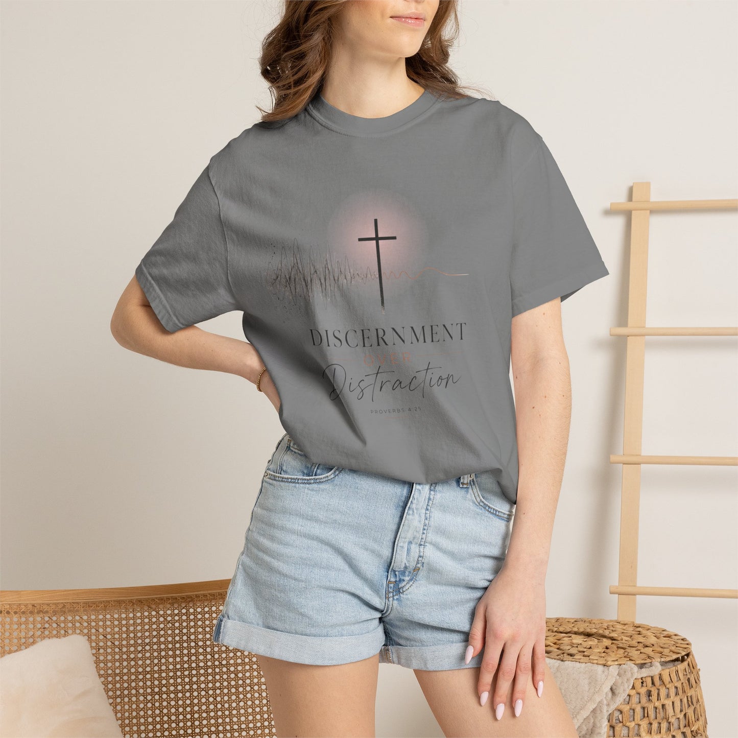 T-Shirt — "Discernment Over Distraction" Cross Graphic Spiritual Tee