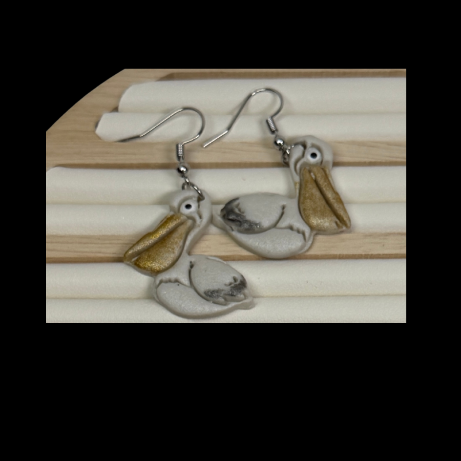 Pelican Dangle Earrings, Coastal Bird Earrings, Ocean Animal Earrings, Handmade Clay Earrings, Beach Jewelry