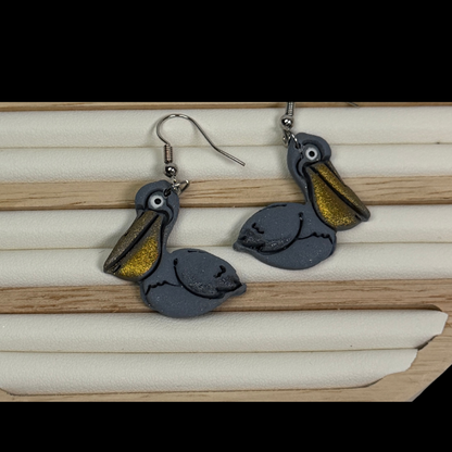 Pelican Dangle Earrings, Coastal Bird Earrings, Ocean Animal Earrings, Handmade Clay Earrings, Beach Jewelry