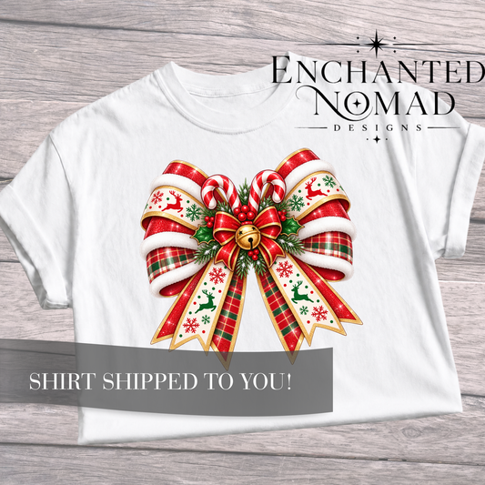 Christmas Ribbon Bow T-Shirt — Festive Plaid Holiday Graphic Tee