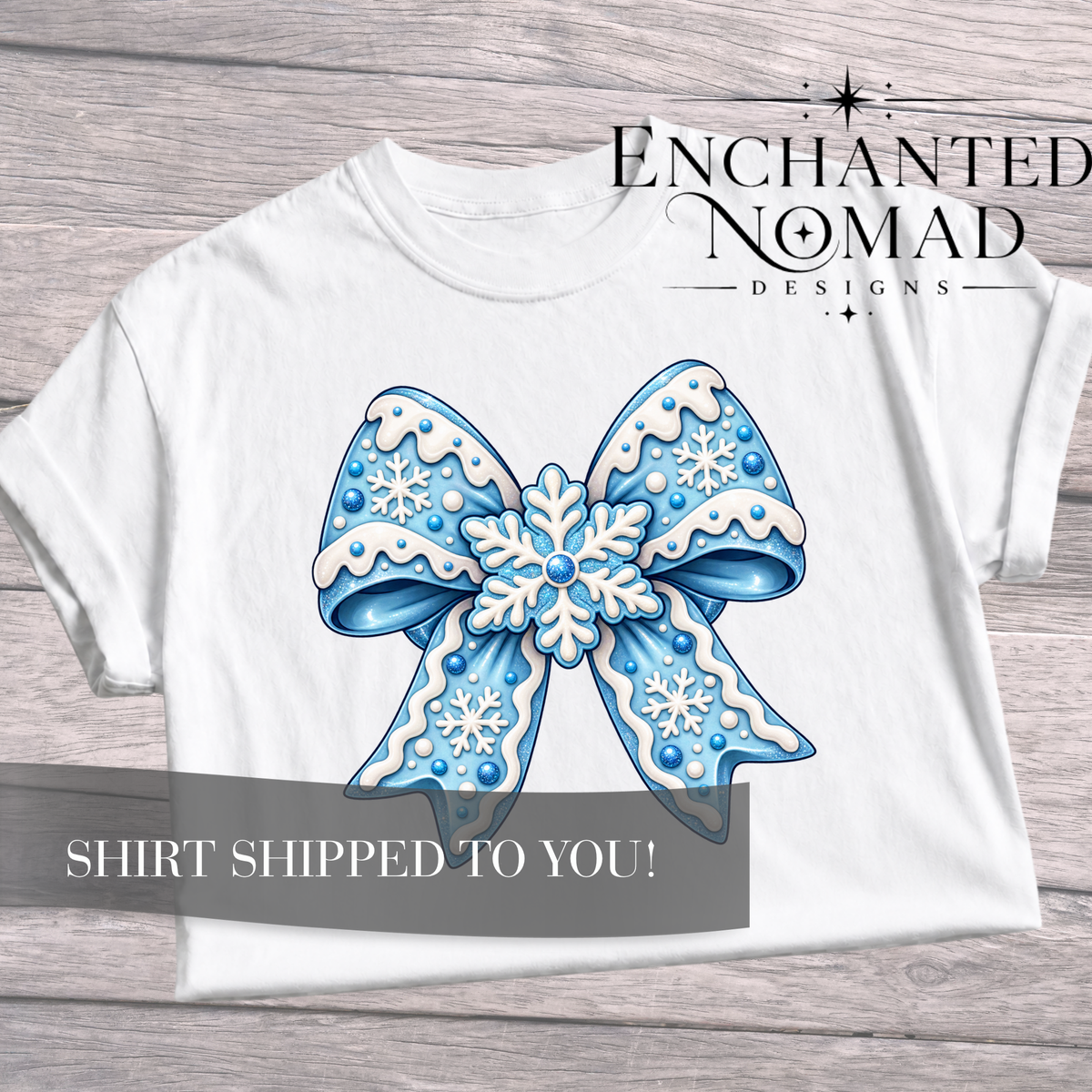 Blue Snowflake Bow T-Shirt — Winter Holiday Graphic Tee