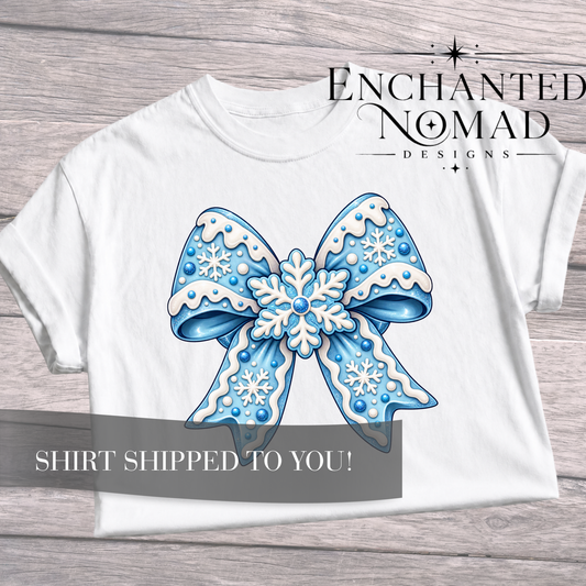 Blue Snowflake Bow T-Shirt — Winter Holiday Graphic Tee