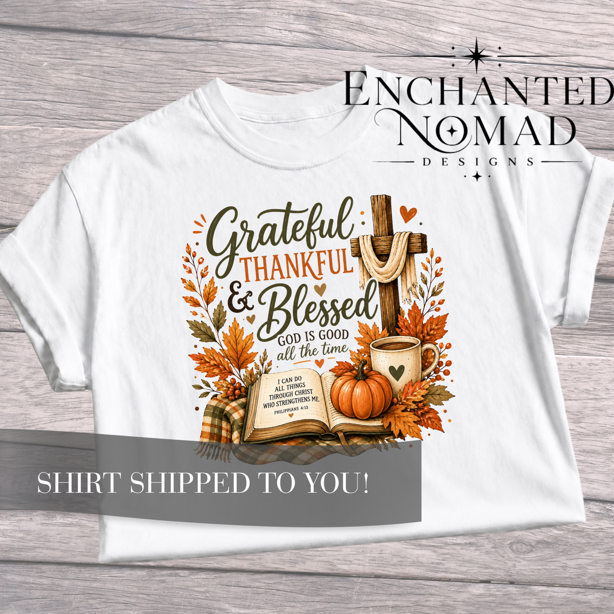 Grateful Thankful Blessed T-Shirt — Fall Pumpkin & Cross Thanksgiving Tee