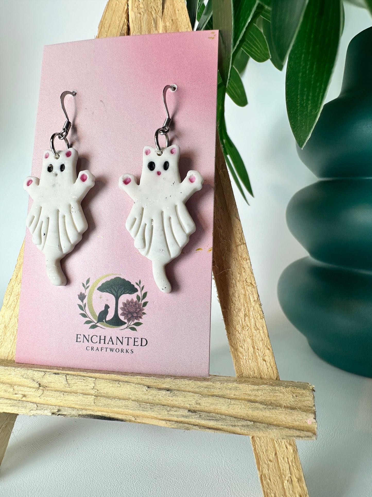 Boo-tiful Cat Ghost Polymer Clay Dangle Earrings
