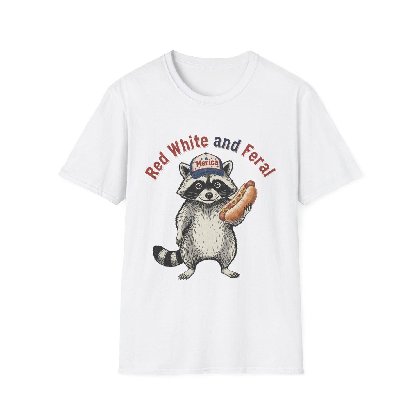 Raccoon Hot Dog Tee - “Red White and Feral” Patriotic Funny Graphic T-Shirt