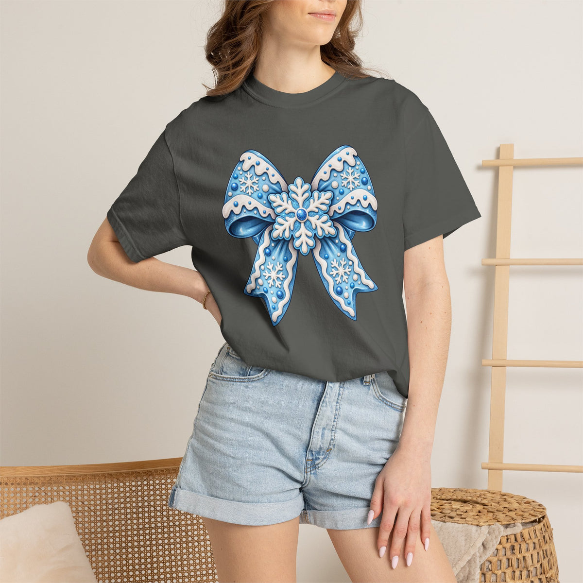 Blue Snowflake Bow T-Shirt — Winter Holiday Graphic Tee