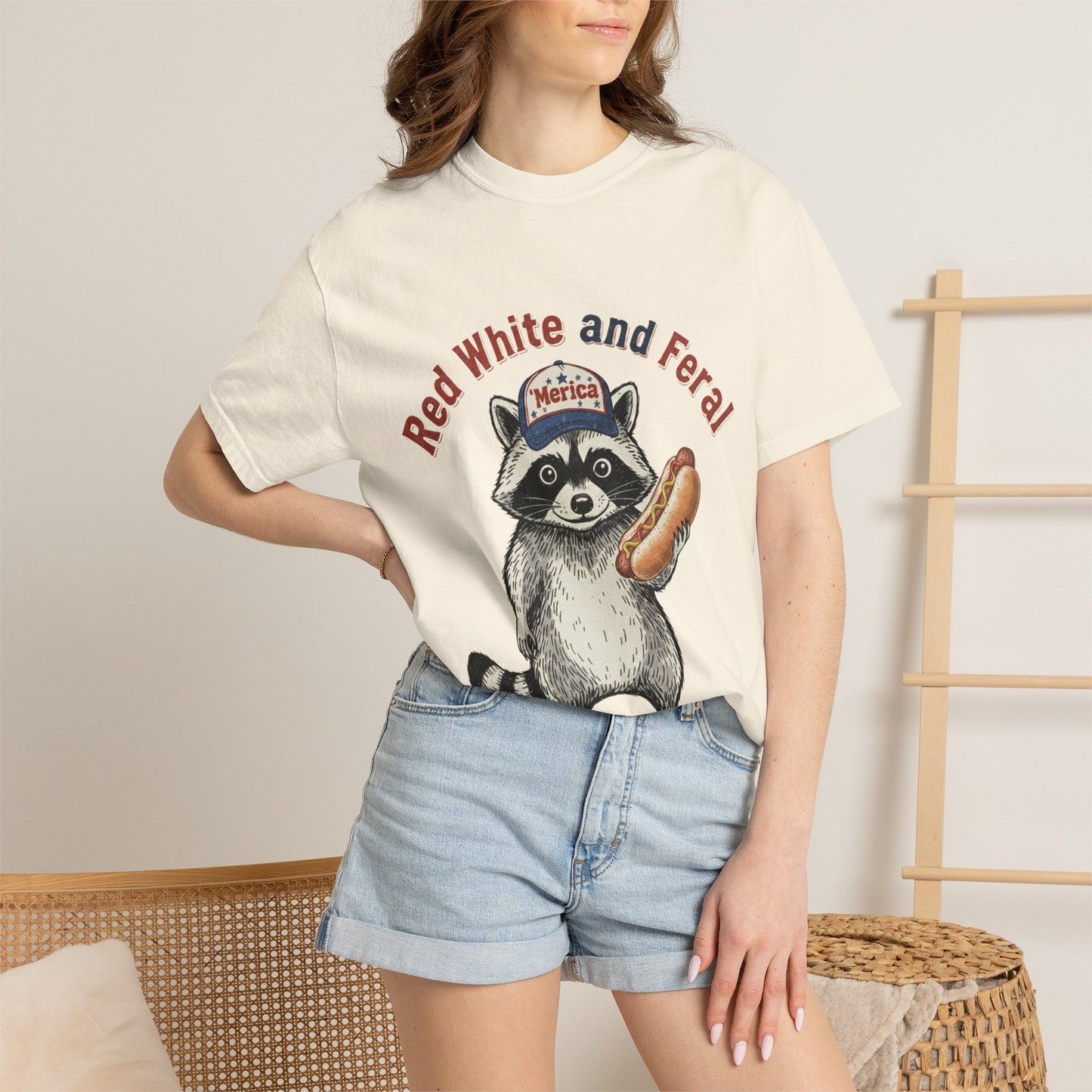 Patriotic Raccoon T-Shirt — "Red White and Feral" Hot Dog Design