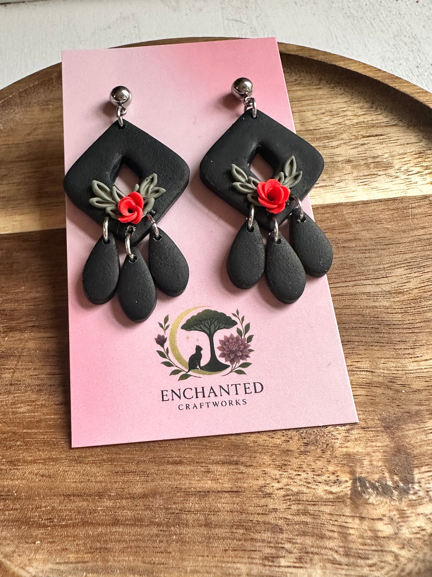 Enchanted Midnight Rose Dangle Polymer Clay Earrings