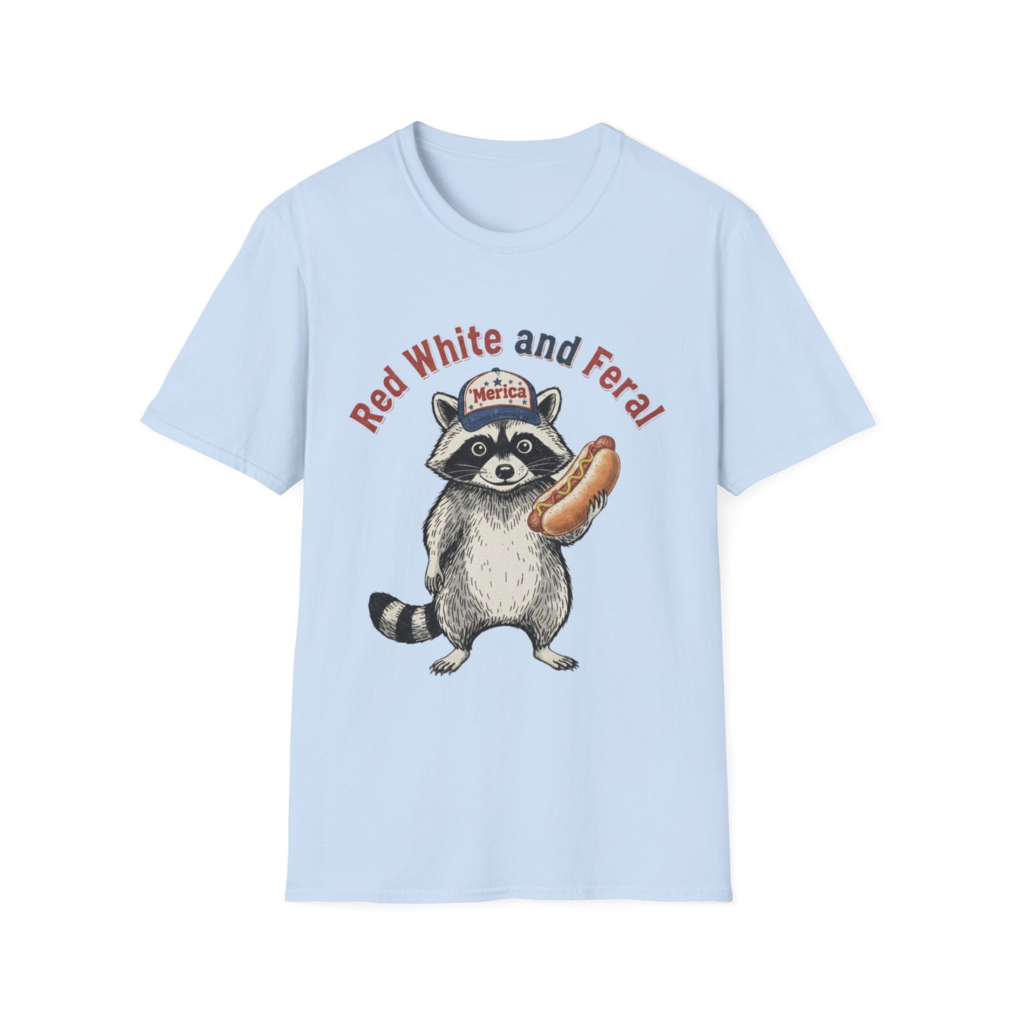 Raccoon Hot Dog Tee - “Red White and Feral” Patriotic Funny Graphic T-Shirt