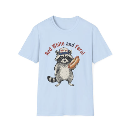 Raccoon Hot Dog Tee - “Red White and Feral” Patriotic Funny Graphic T-Shirt