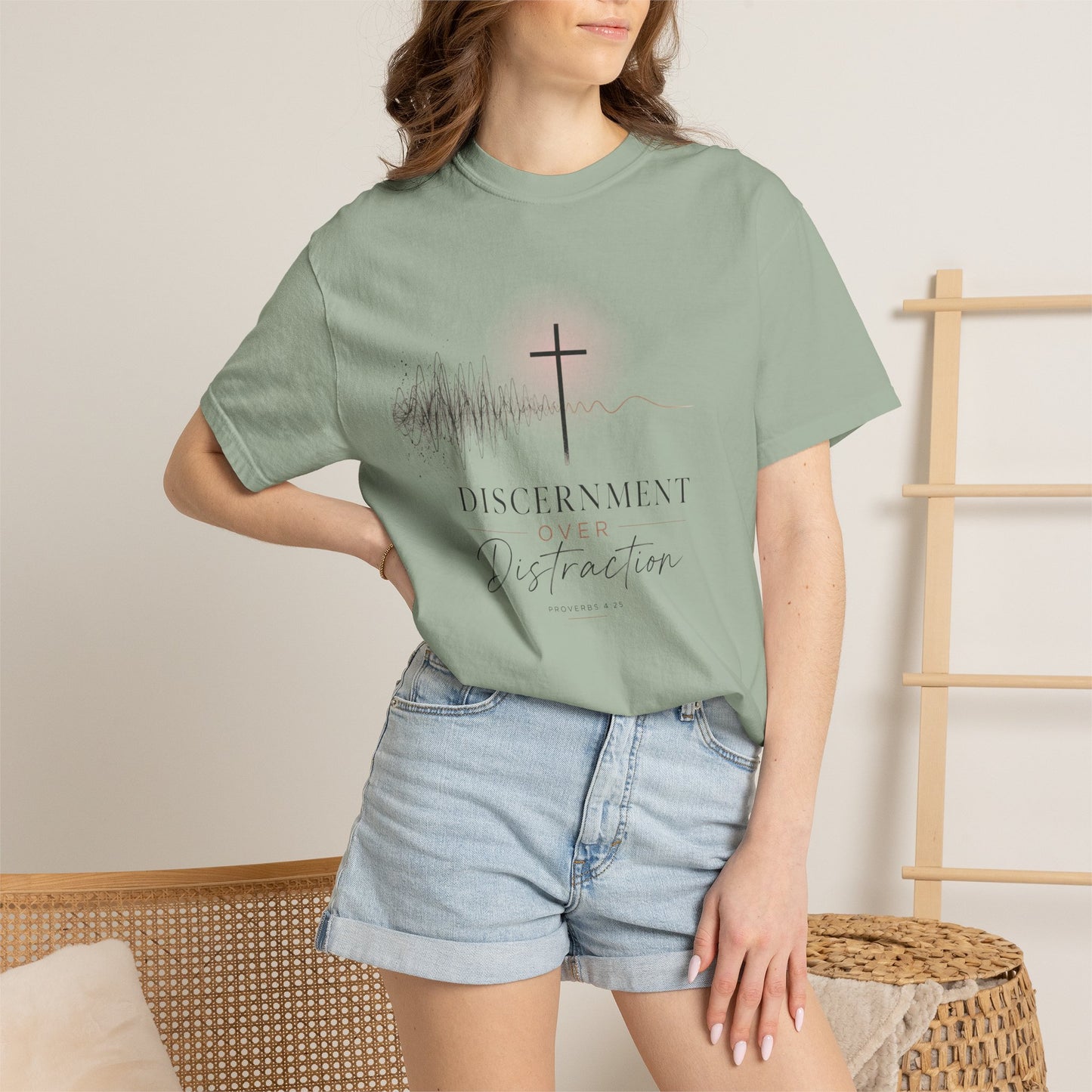 T-Shirt — "Discernment Over Distraction" Cross Graphic Spiritual Tee