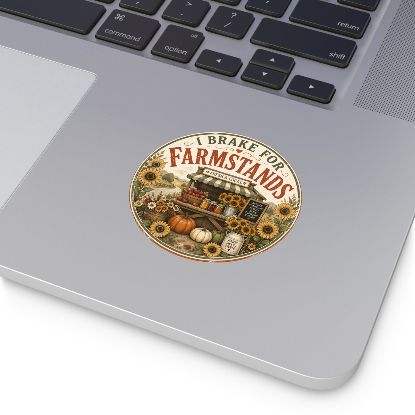 I Brake for Farmstands Round Vinyl Sticker — Vintage Fall Farmstand Pumpkin & Sunflower Decal