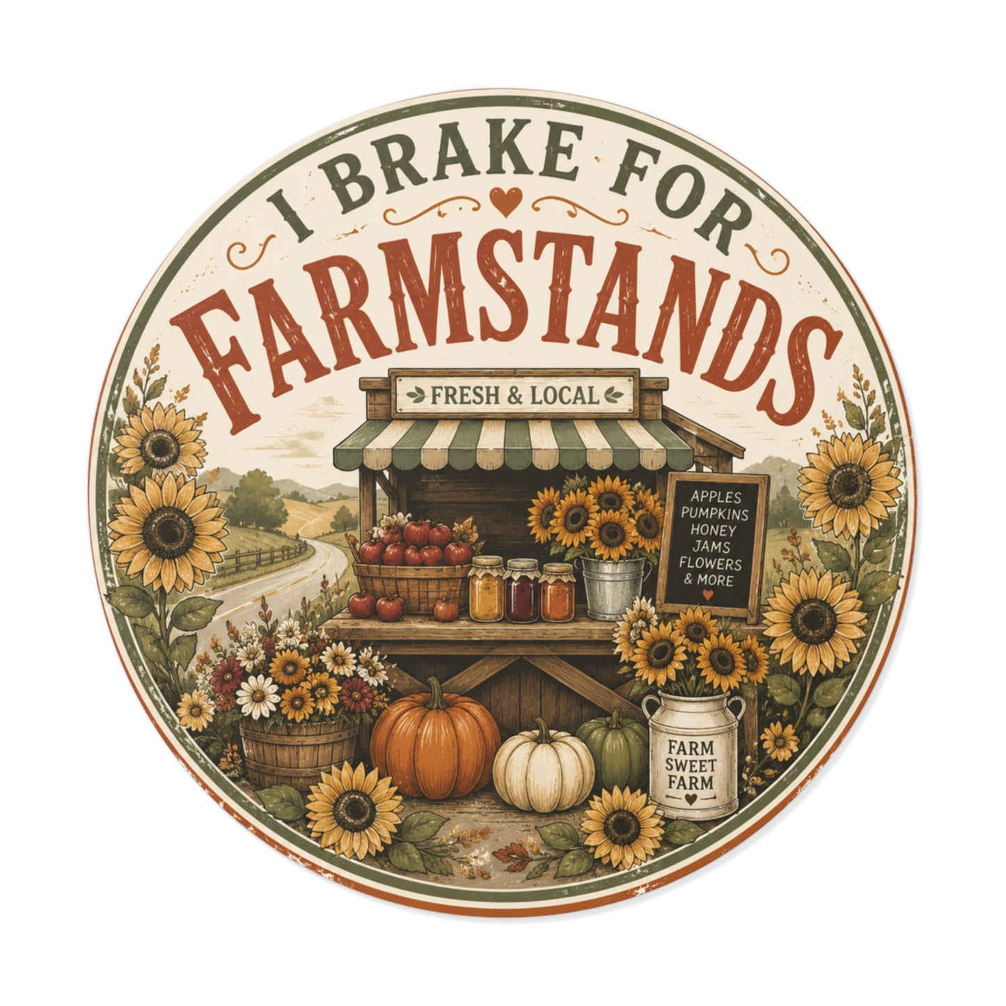 I Brake for Farmstands Round Vinyl Sticker — Vintage Fall Farmstand Pumpkin & Sunflower Decal