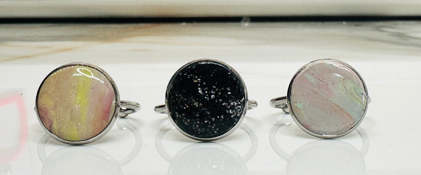 Stainless Steel Adjustable Rings with Polymer Clay Centers