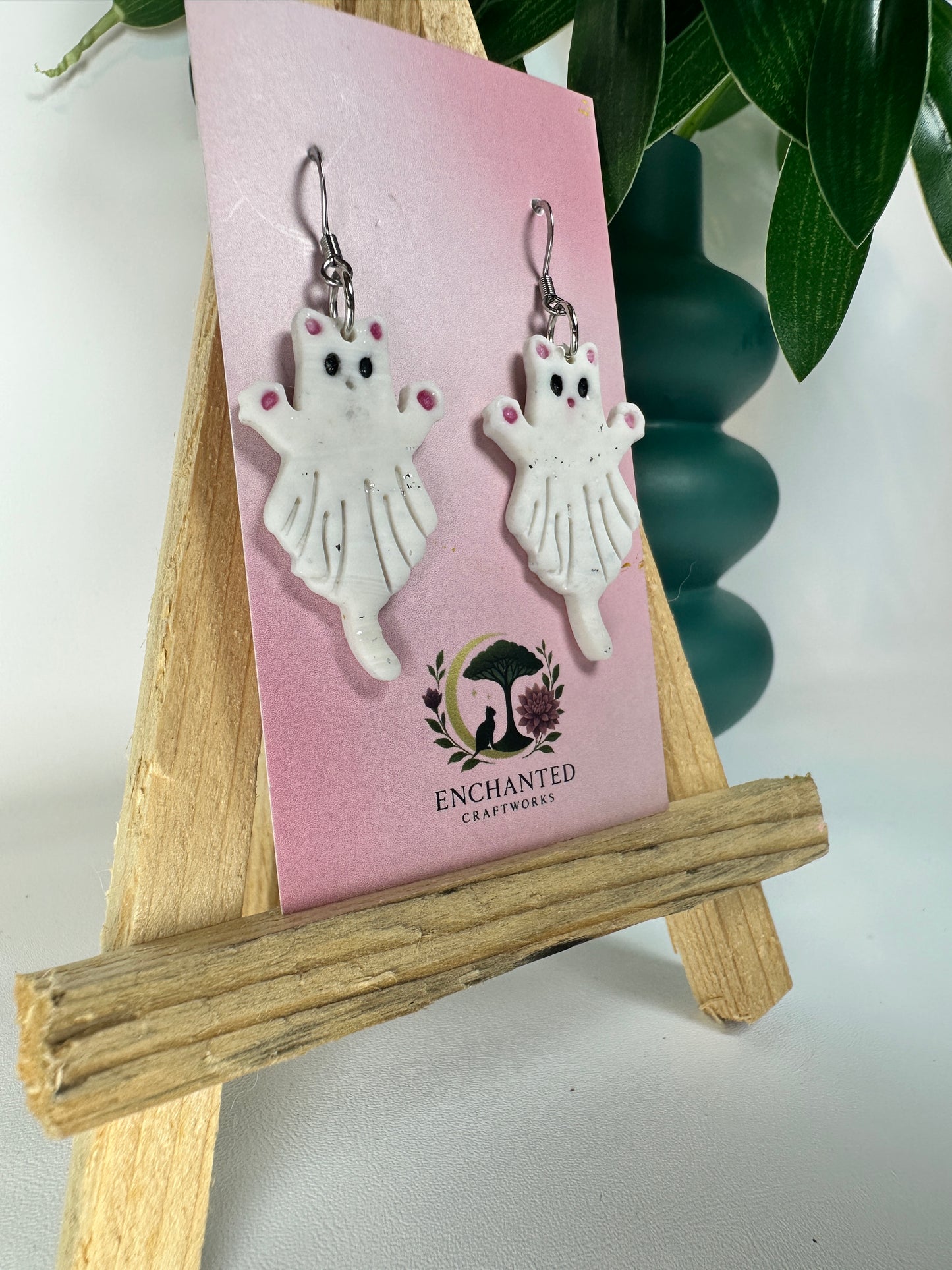 Boo-tiful Cat Ghost Polymer Clay Dangle Earrings