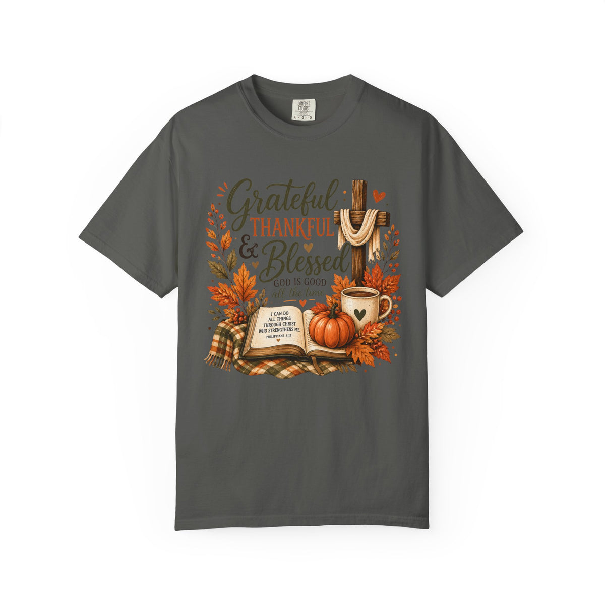 Grateful Thankful Blessed T-Shirt — Fall Pumpkin & Cross Thanksgiving Tee