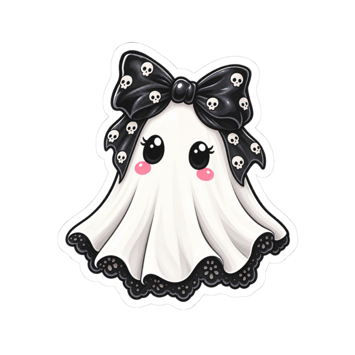 Cute Kawaii Ghost Sticker — Skull Bow Halloween Laptop Decal