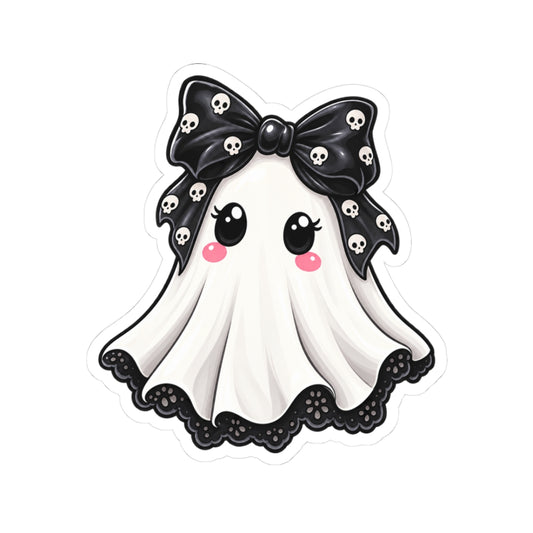 Cute Kawaii Ghost Sticker — Skull Bow Halloween Laptop Decal