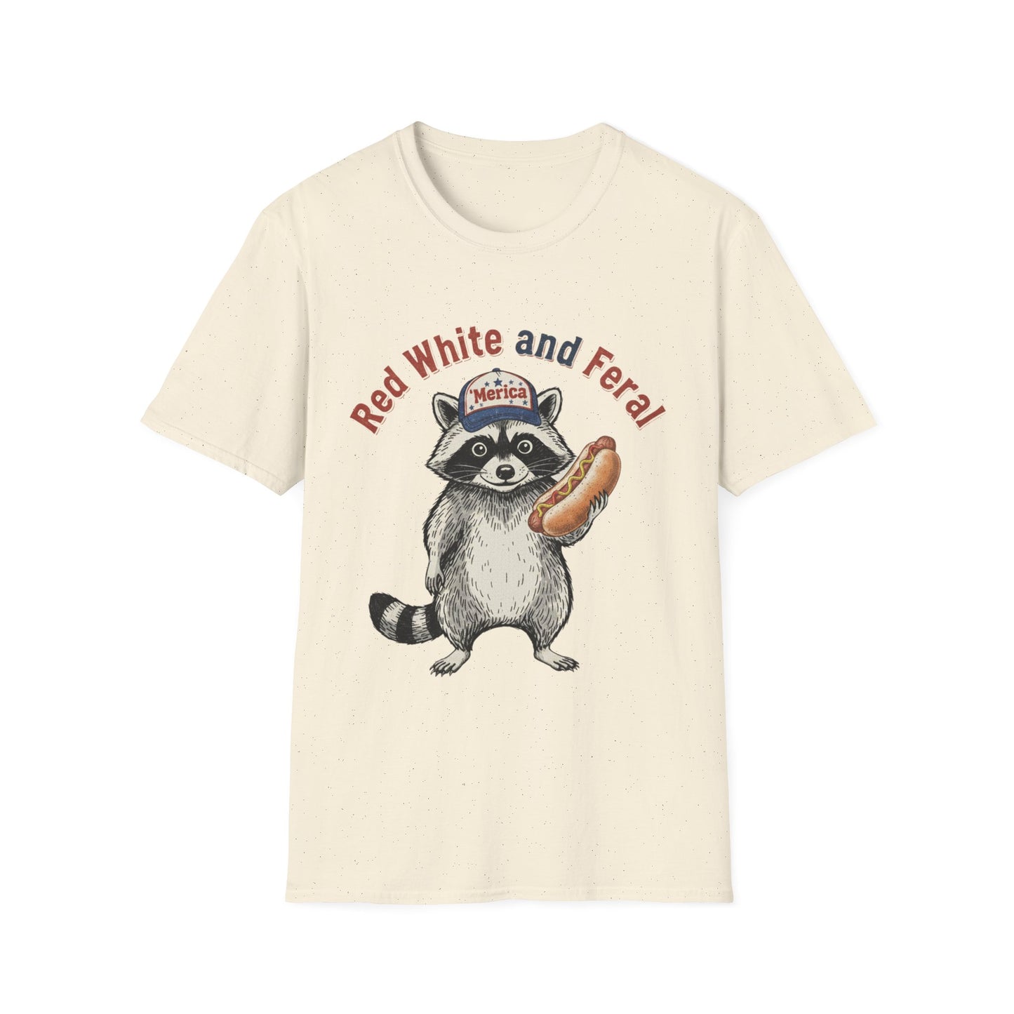 Raccoon Hot Dog Tee - “Red White and Feral” Patriotic Funny Graphic T-Shirt
