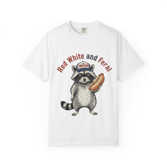 Patriotic Raccoon T-Shirt — "Red White and Feral" Hot Dog Design