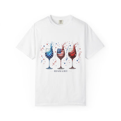 Red Wine & Blue T-Shirt — Patriotic Wine Glasses 4th of July Tee