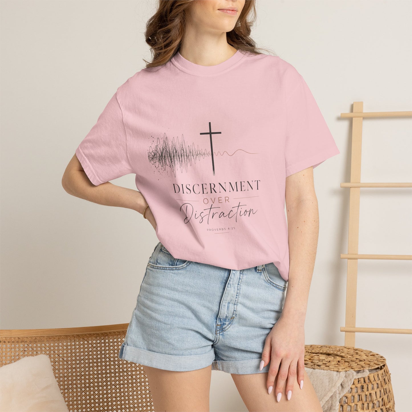 T-Shirt — "Discernment Over Distraction" Cross Graphic Spiritual Tee