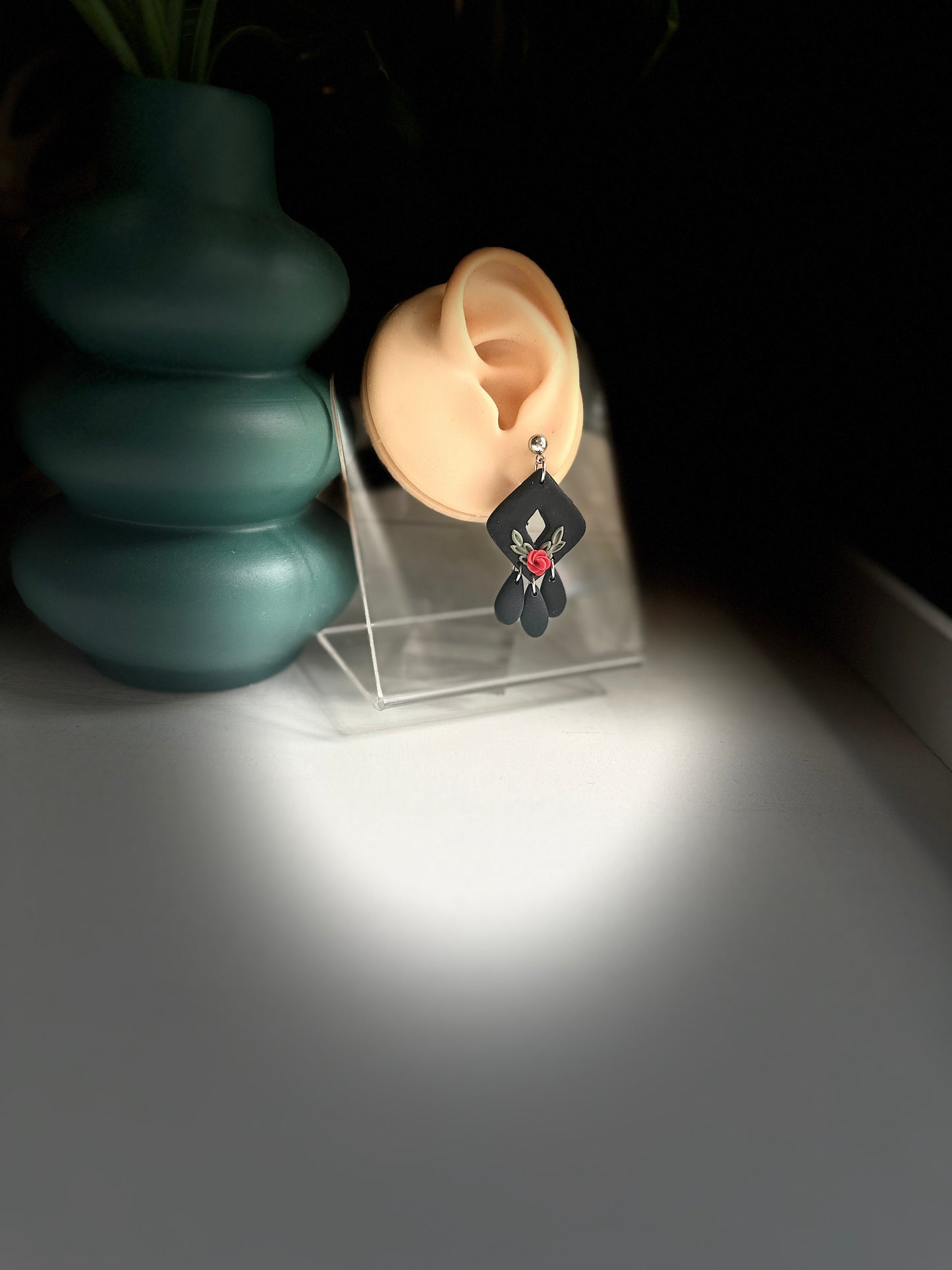 Enchanted Midnight Rose Dangle Polymer Clay Earrings