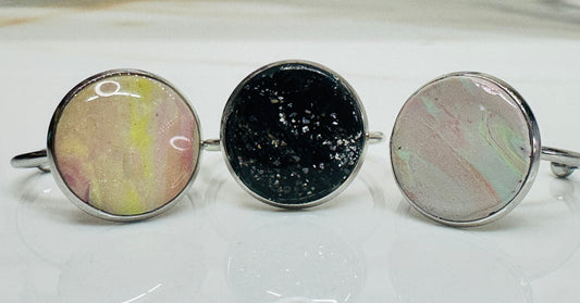 Stainless Steel Adjustable Rings with Polymer Clay Centers