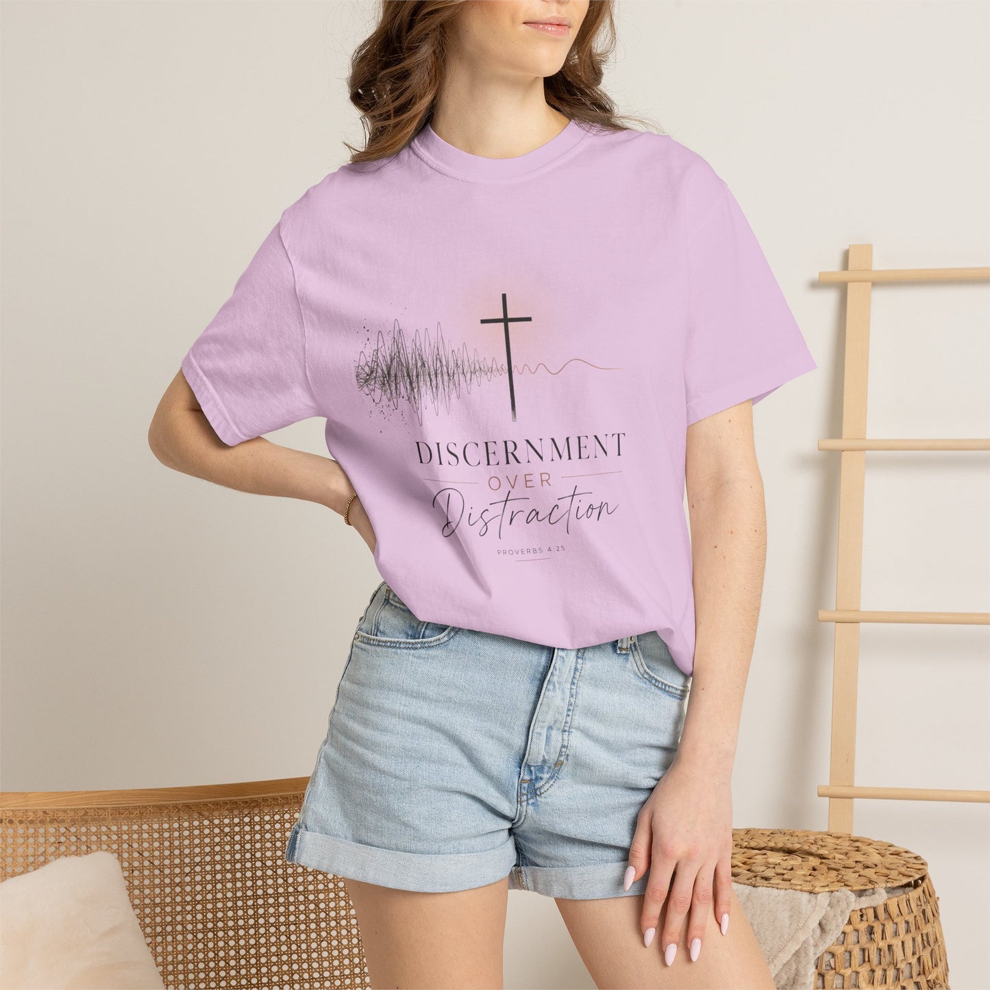 T-Shirt — "Discernment Over Distraction" Cross Graphic Spiritual Tee