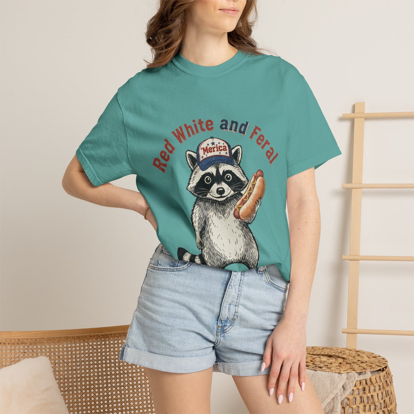Patriotic Raccoon T-Shirt — "Red White and Feral" Hot Dog Design