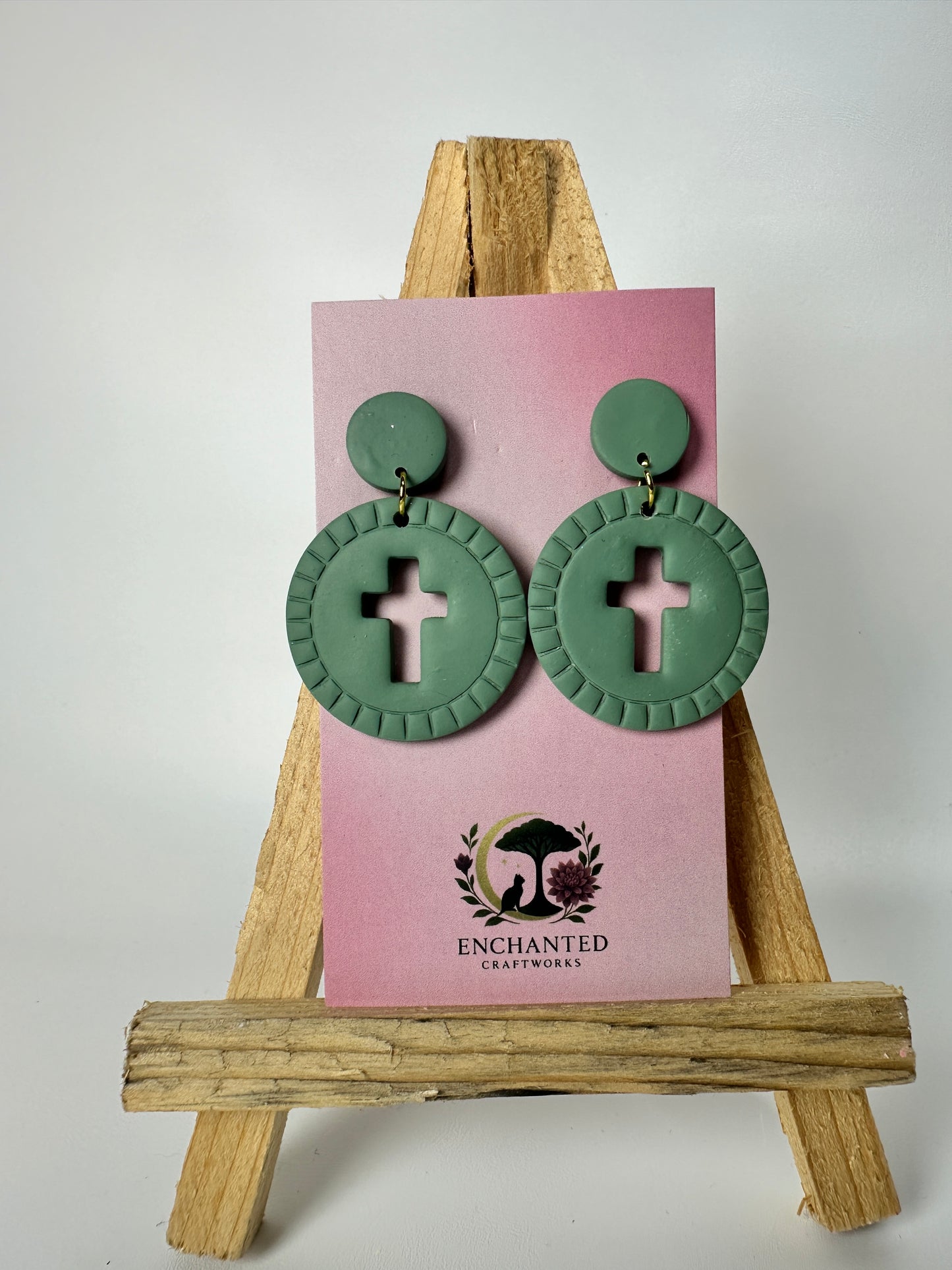 Enchanted Cross Cutout Circle Polymer Clay DanglesEarrings