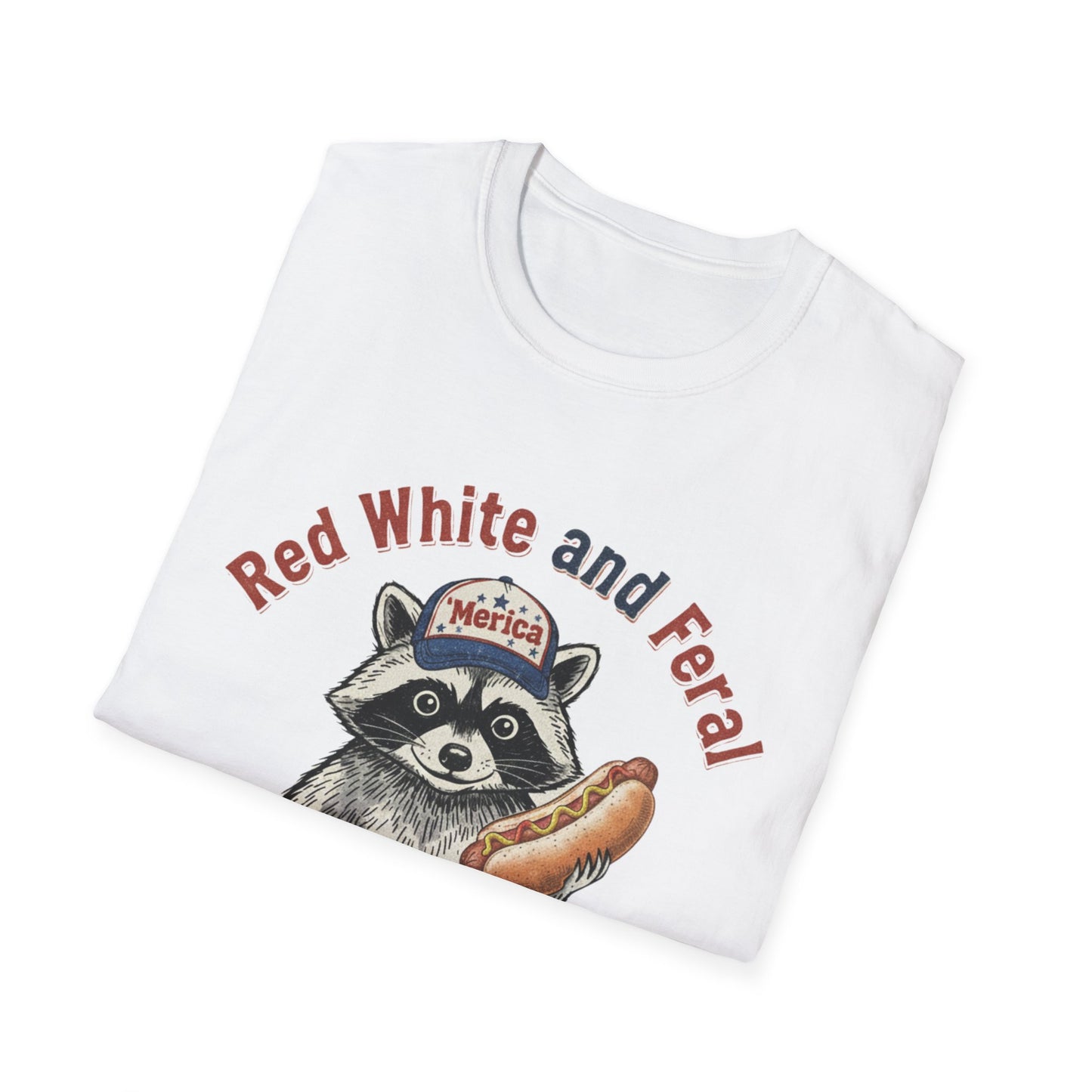 Raccoon Hot Dog Tee - “Red White and Feral” Patriotic Funny Graphic T-Shirt