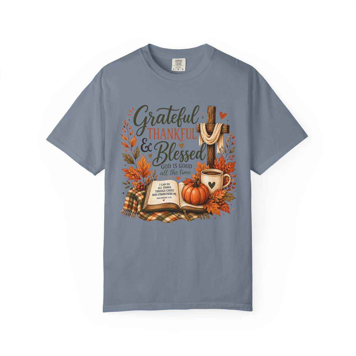 Grateful Thankful Blessed T-Shirt — Fall Pumpkin & Cross Thanksgiving Tee