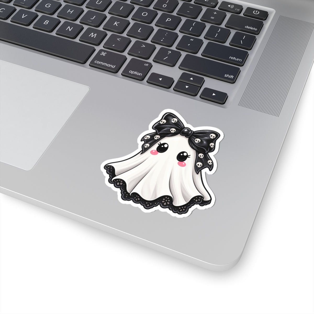 Cute Kawaii Ghost Sticker — Skull Bow Halloween Laptop Decal