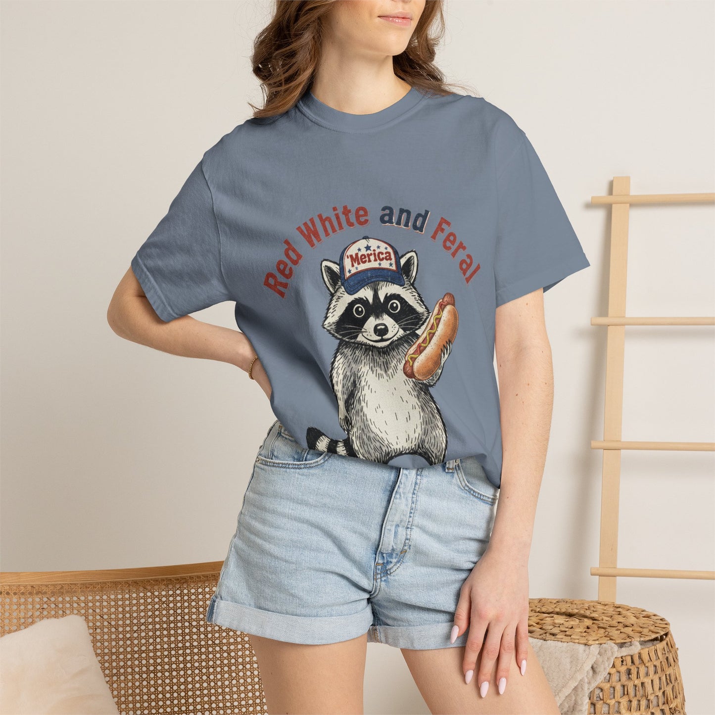Patriotic Raccoon T-Shirt — "Red White and Feral" Hot Dog Design