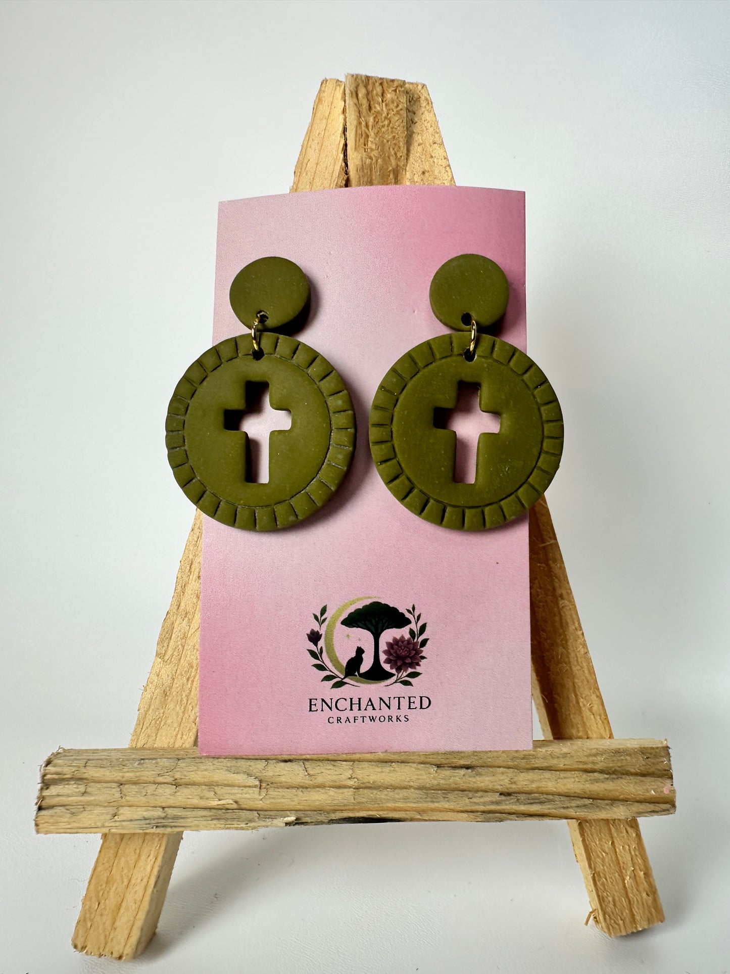 Enchanted Cross Cutout Circle Polymer Clay DanglesEarrings