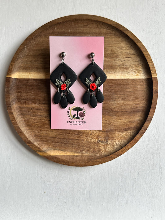 Enchanted Midnight Rose Dangle Polymer Clay Earrings