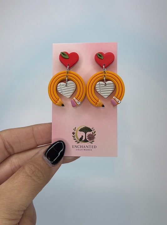 Teacher Pencil Heart Earrings, Back to School Earrings, Teacher Gift, Apple Stud Earrings, Classroom Jewelry, Teacher Appreciation Gift