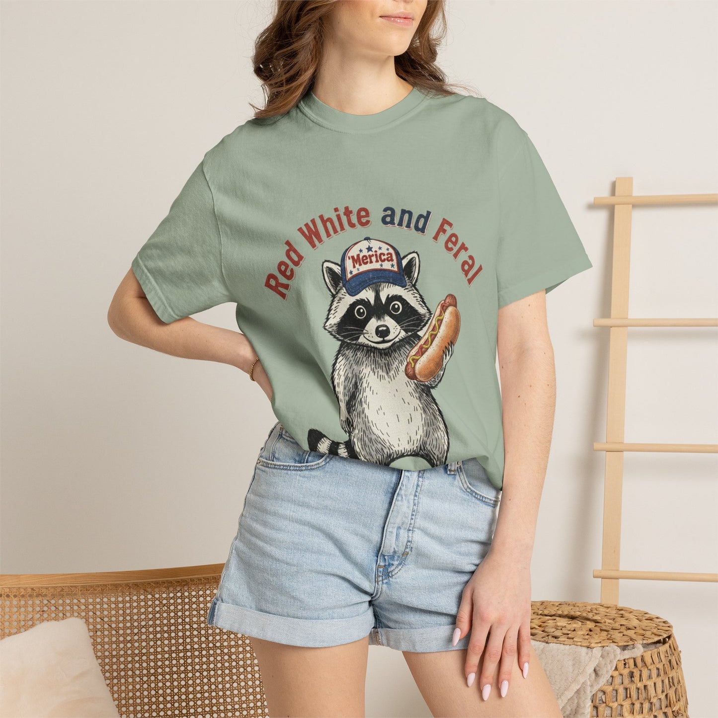Patriotic Raccoon T-Shirt — "Red White and Feral" Hot Dog Design