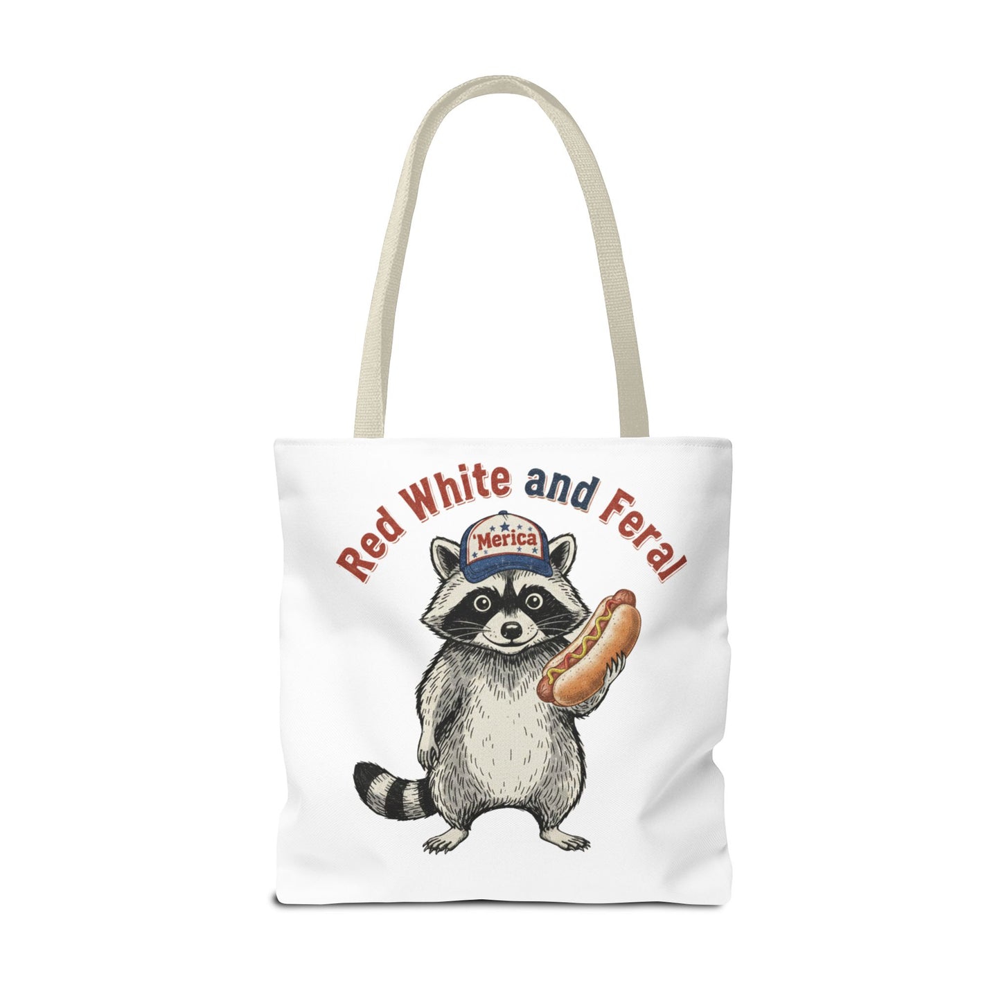 Red White and Feral Raccoon Tote Bag – 'Merica Hot Dog Patriotic Canvas Tote