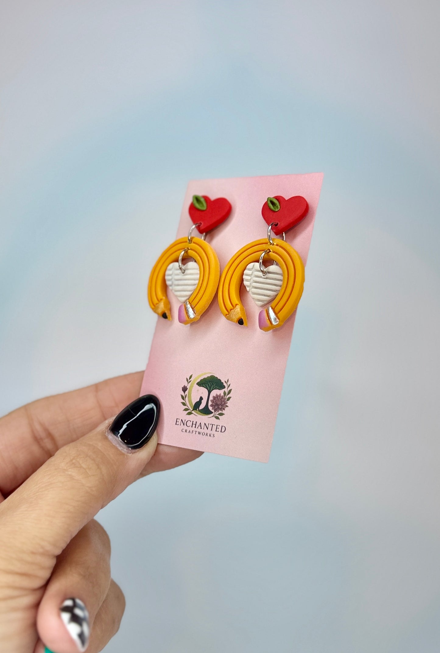 Teacher Pencil Heart Earrings, Back to School Earrings, Teacher Gift, Apple Stud Earrings, Classroom Jewelry, Teacher Appreciation Gift