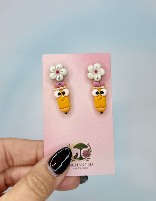 Cute Pencil Earrings, Teacher Earrings, Back to School Earrings, Pencil Dangles, Flower Earrings, Teacher Gift, Classroom Jewelry