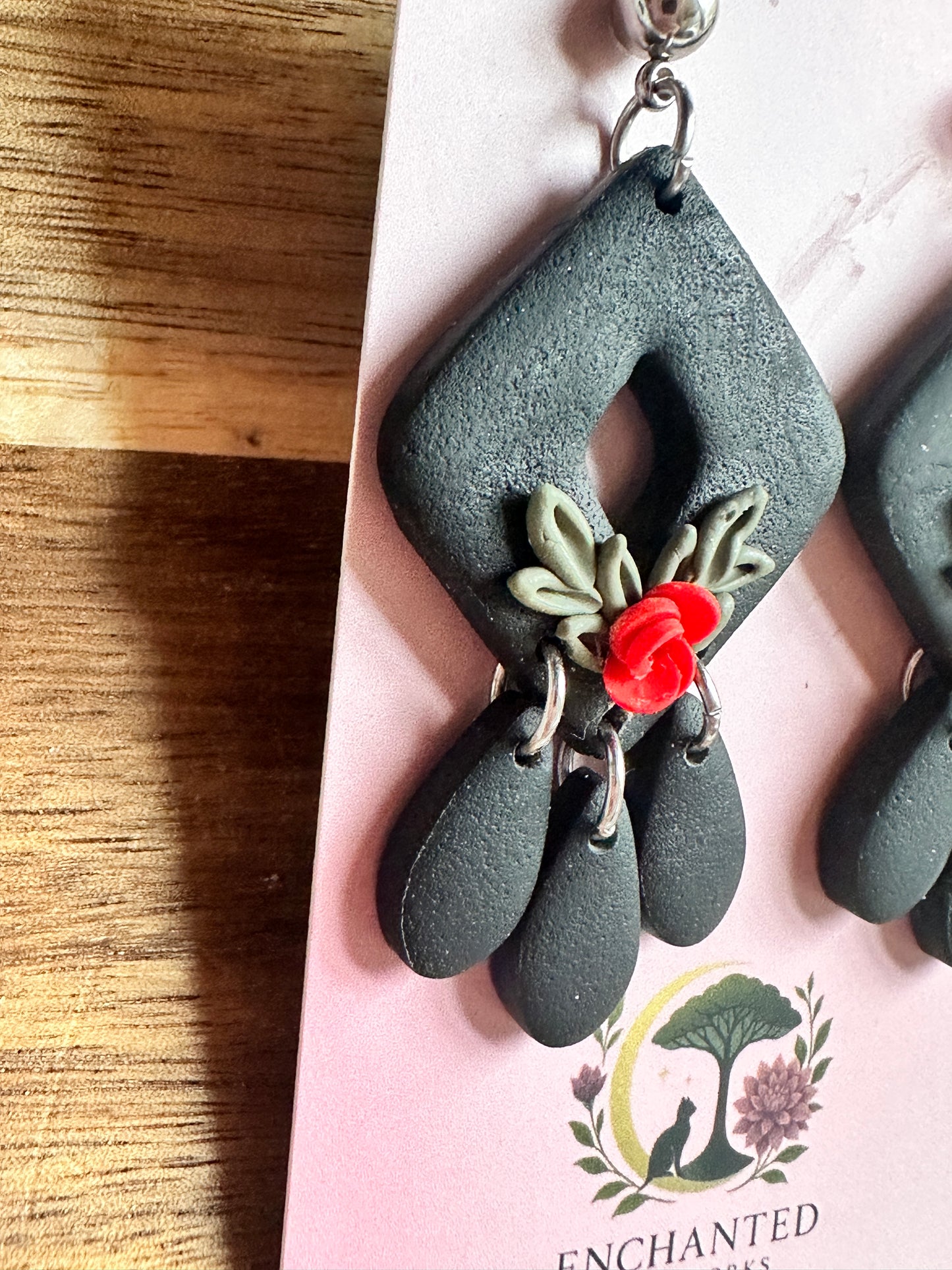 Enchanted Midnight Rose Dangle Polymer Clay Earrings