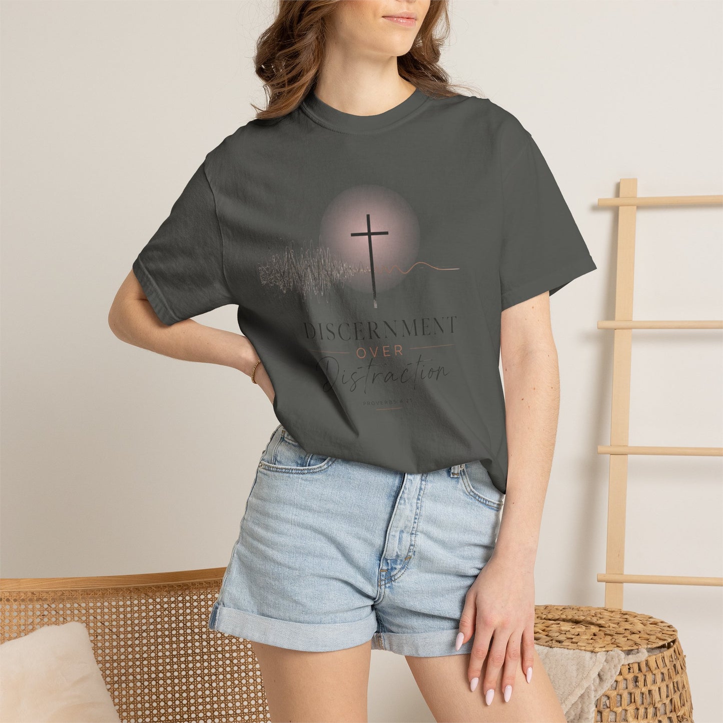 T-Shirt — "Discernment Over Distraction" Cross Graphic Spiritual Tee