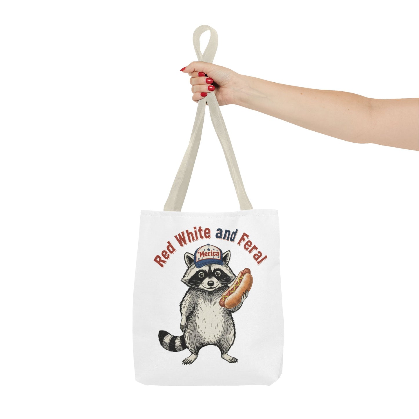 Red White and Feral Raccoon Tote Bag – 'Merica Hot Dog Patriotic Canvas Tote