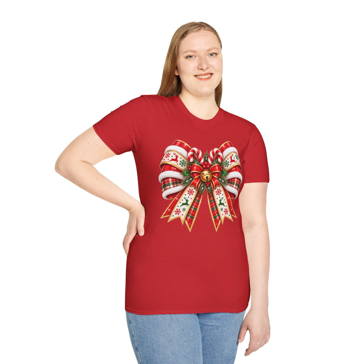 Christmas Ribbon Bow T-Shirt — Festive Plaid Holiday Graphic Tee