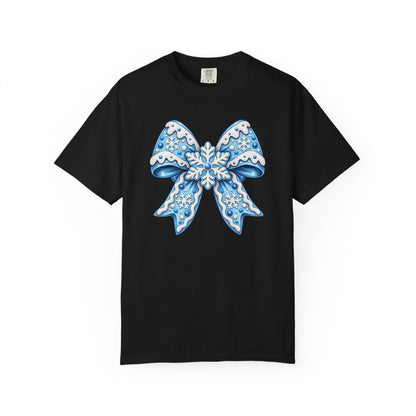 Blue Snowflake Bow T-Shirt — Winter Holiday Graphic Tee