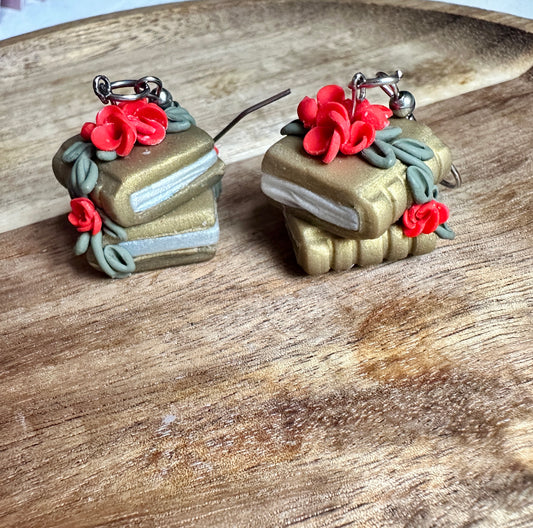 Golden Garden Books Stack Polymer Clay Dangle Earrings.